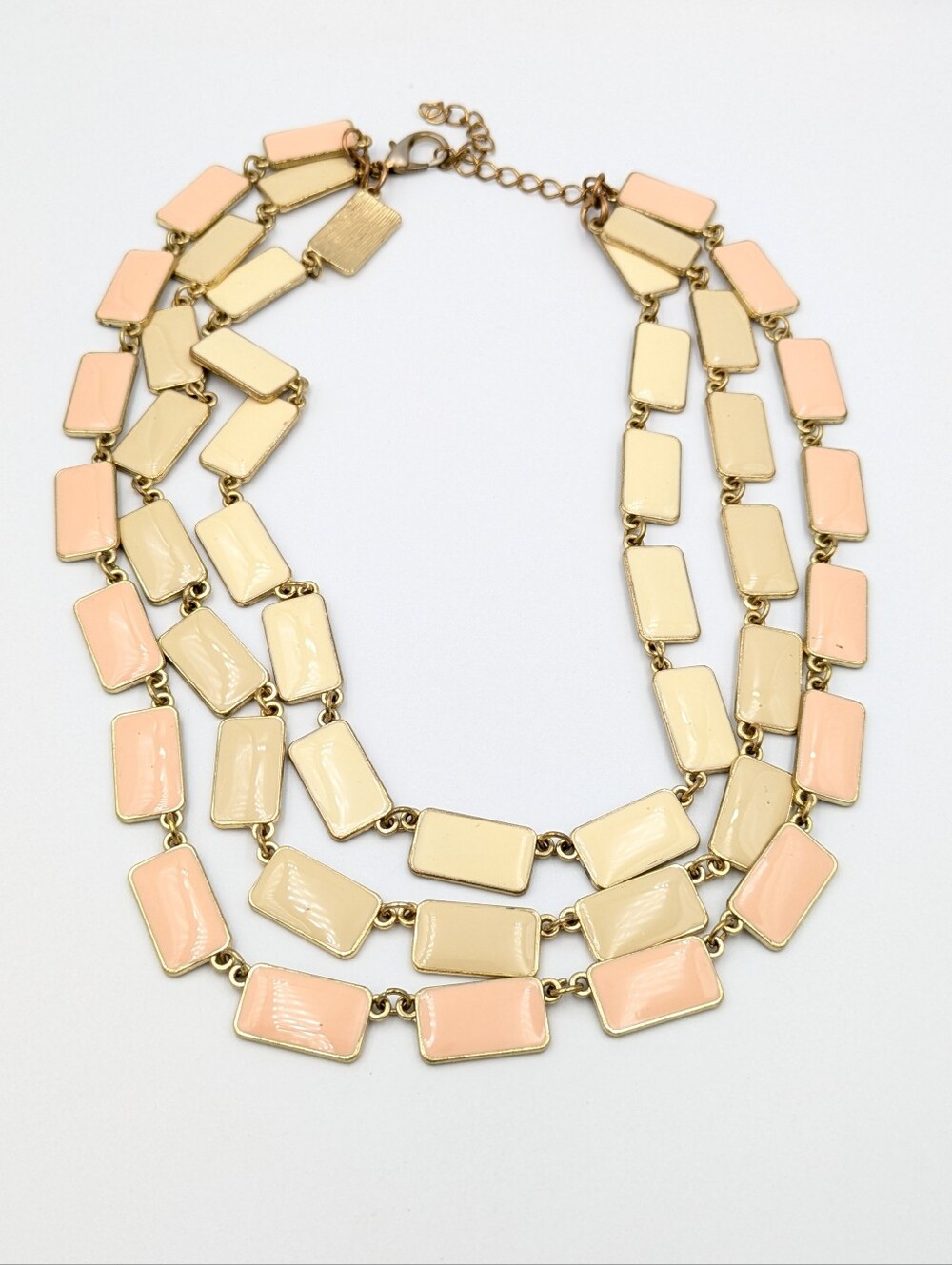 Three layer enamel rectangles and gold tone layered necklace